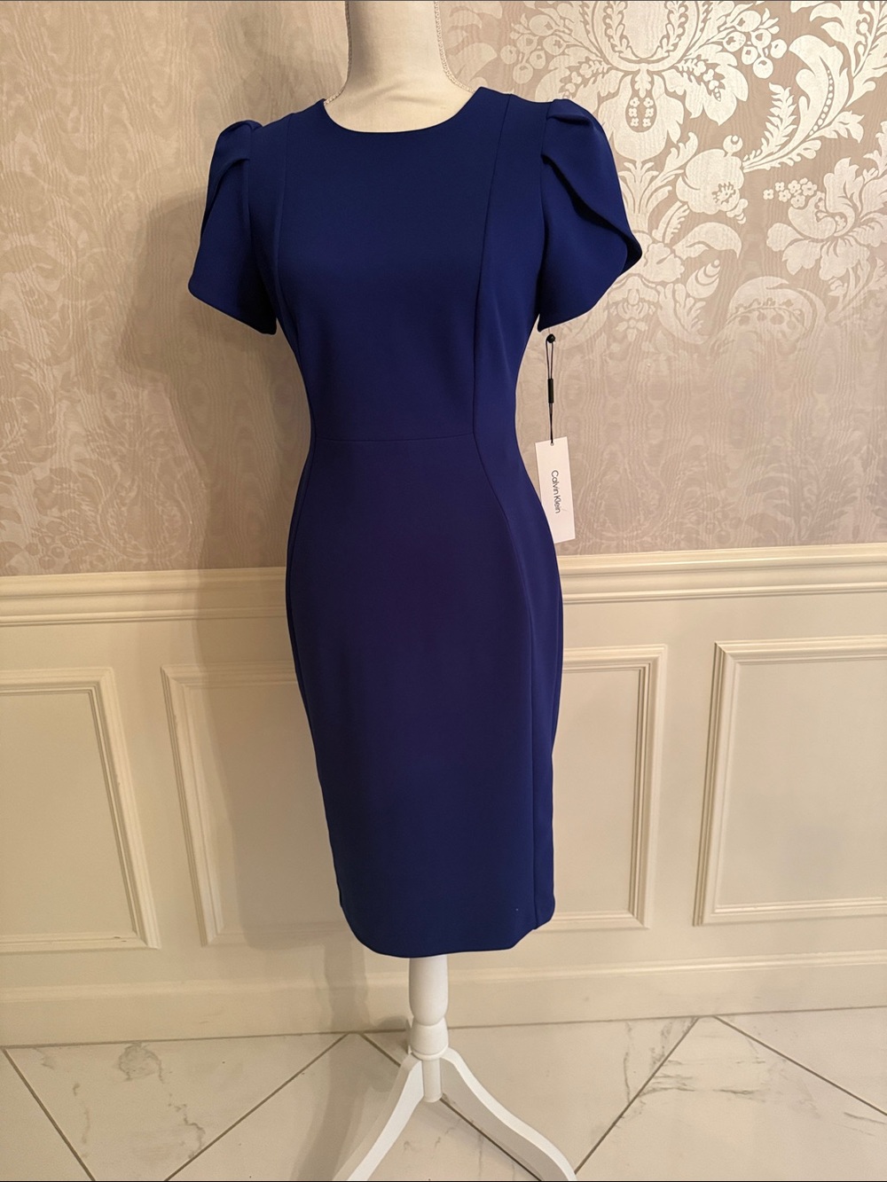 Calvin Klein Royal Blue Midi Dress with Puff Shoulders